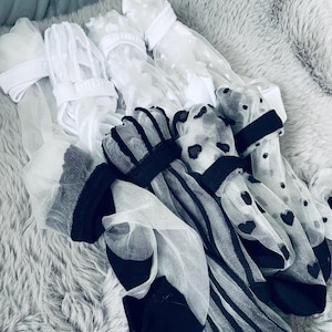 Sheer Mid-Calf Socks: White & Black Crystal Silk (8 Pairs, Free Size)