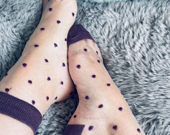 1 Pair Purple Polka Dot Low Invisible Ankle Transparent Hollow Out Socks Spring Summer Women Girls Lace Short Boat Sock Non-slip Sock