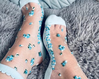 Blue Floral Lace Ankle Socks: Transparent Nylon Low Cut Boat Socks