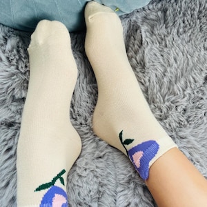 1 Pair Pink Girls Socks Cute Cartoon Flower Pattern Comfortable Breathable Kids Socks Bright Color Floral Pattern Colorful Summer Spring