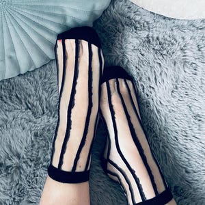 Sheer Mid-Calf Socks: Striped Crystal Silk Blend, Breathable