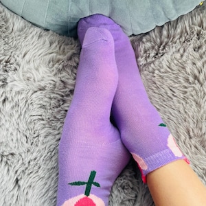 1 Pair Purple Girls Socks Cute Cartoon Flower Pattern Comfortable Breathable Kids Socks Bright Color Floral Pattern Colorful Summer Spring