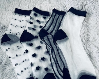 4pcs Black Women&#39;s Mid-Calf Sheer Socks, Thin Crystal Silk, Breathable Spring/Summer, Stretchy Polyester Blend, Machine Washable, Cute Socks
