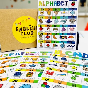 Paquete de 4 carteles de aprendizaje de fonética para aulas, preescolares, jardines de infancia, guarderías y educación en el hogar: material educativo para escribir, colores variados