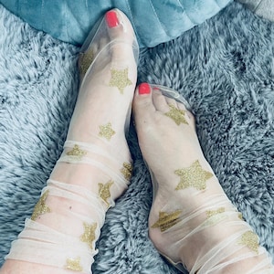 1 paar Goud Glitter Mode Snoep Kleur Dunne Mesh Tule Enkelsokken Transparante Elastische Mesh Glanzende Sterren Sheer Sokken Vrouwen Meisjes!
