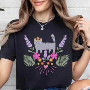 Whimsical Cat Floral T-Shirt, Cute Pet Lover Gift, Gardening Tee, Spring Fashion, Casual Everyday Wear, Comfort Colors, Whimsicore Tee Gift