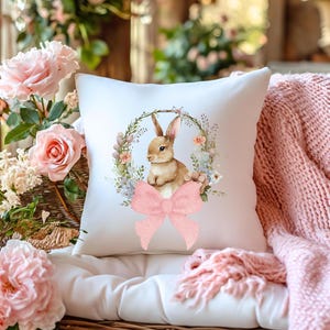 Almohada cuadrada con diseño de conejito y flores, decoración de primavera, regalo de Pascua, decoración de guardería, bonita decoración para el hogar, cojín suave