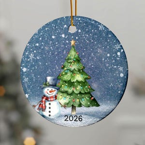 Snowman Decorating Christmas Tree Ornament, Dated Ornament, Colorful Ceramic Ornament, Winter Scene Ornament, Gift for Friend or Family