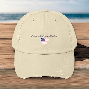 Distressed America Heart Baseball Cap: 4th of July Cotton Twill Hat