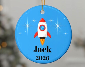 Personalized Rocket Ship Ornament, Custom Name Rocket Ship Ceramic Christmas Ornament, Dated 2026, Kids Keepsake, Gift for Kids & Adults