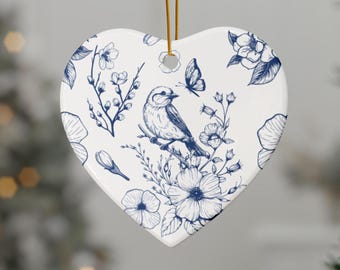 Blue Toile Heart Shaped Ceramic Christmas Ornament, French Country, 2-Sided Print