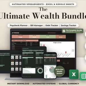 Può includere: L'Ultimate Wealth Bundle include fogli di calcolo automatizzati per Excel e Google Sheets. Dispone di un pianificatore di stipendio, gestore di fatture, tracker di debiti e risparmi. Il display mostra dashboard finanziarie, grafici e tabelle dati su più schermi, inclusi laptop, tablet e smartphone.
