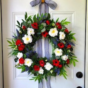 Patriotic Red White and Blue Floral Wreath for Front Door, 4th of July Summer Wreath, Americana Front Porch Decor, Veterans Day Wreath