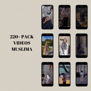 May include: A collage of nine images featuring women wearing hijabs in various settings. The images show women walking, sitting, and standing in different locations, including a city street, a park, and a cafe. The text "220+ PACK VIDEOS MUSLIMA" is displayed at the bottom of the collage.