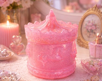Pink Glitter Carousel Night Lamp, Kawaii Resin Trinket Box