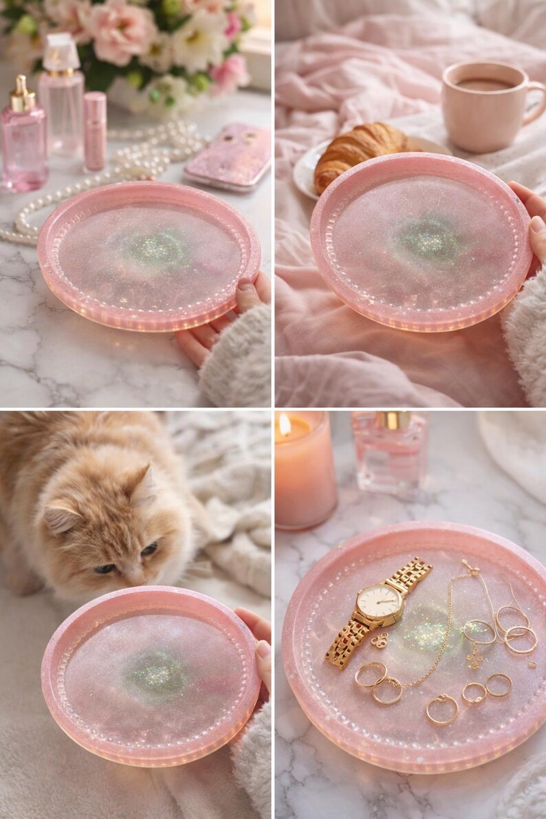 May include: A pink resin tray with a glittery centre and a beaded edge. The tray is shown with jewellery, a watch, and other accessories. The tray is approximately 20 cm in diameter.