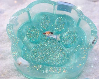 Cute Glitter Resin Paw Ashtray & Jewelry Box, Organizer, Shiny Salmon Green with Dog and Pearl Powder Iridescent Sparkle Pet Lover Gift