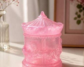 Pink Carousel Night Lamp, Kawaii Vanity Decor, Handmade Resin Jewelry Box with Light