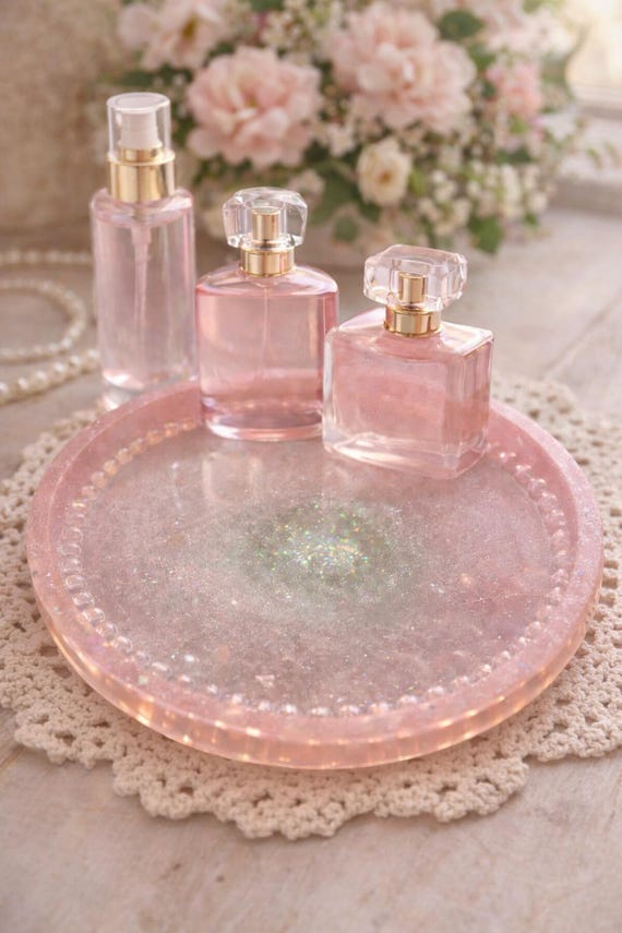 Coquette Pink Resin Vanity Tray, Trinket Dish for Jewelry & Perfume, Aesthetic Home Decor Gift