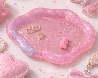 Y2K Style, Pink Glitter Resin Jewelry Tray, Kawaii Cute Vanity Ring Dish, Coquette Handmade Aesthetic Trinket Tray, Girly Home Decor Gift