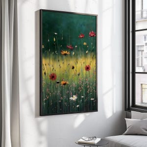 Wildflower Field Framed Wall Art, Vintage Botanical Landscape Sign, Floral Decor, Modern Farmhouse Canvas Art, Field Of Flowers Canvas Print