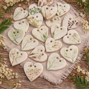 Leaf Buttons - Heart Button - Green Button - White Buttons - Rustic Buttons - Ceramic buttons - Handmade Buttons - Garden theme buttons -