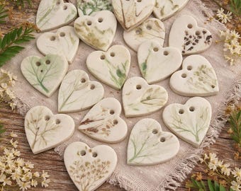 Leaf Buttons - Heart Button - Green Button - White Buttons - Rustic Buttons - Ceramic buttons - Handmade Buttons - Garden theme buttons -