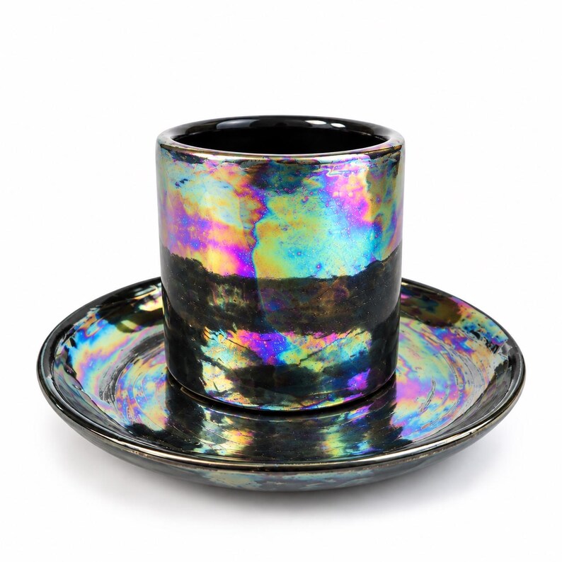 Handmade iridescent succulent pot in black porcelain with colourful pearl lustre exterior