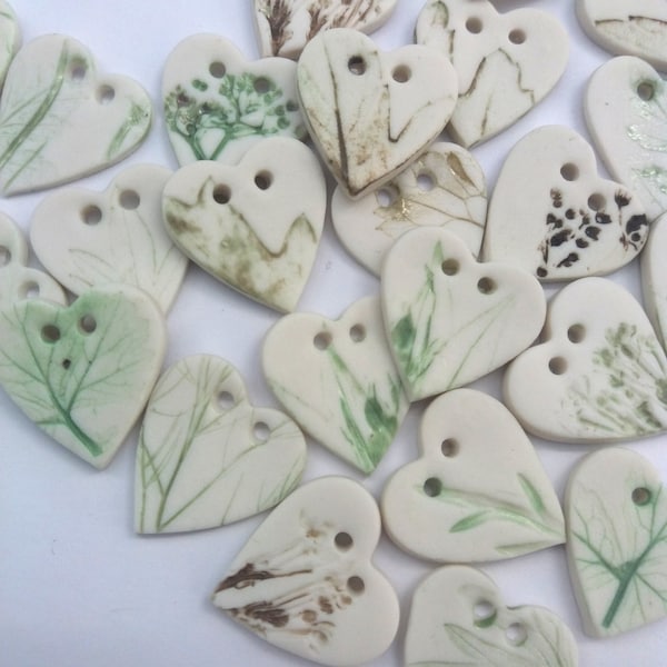 Leaf Buttons - Heart Button - Green Button - White Buttons - Rustic Buttons - Ceramic buttons - Handmade Buttons - Garden theme buttons -