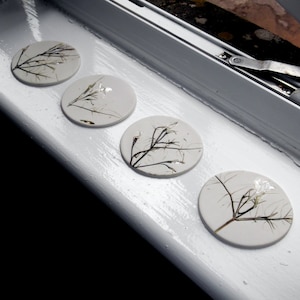 May include: Four round, off-white ceramic coasters with botanical designs. Each coaster features a different arrangement of delicate, dark brown plant stems and leaves. The coasters are arranged in a row on a white surface.