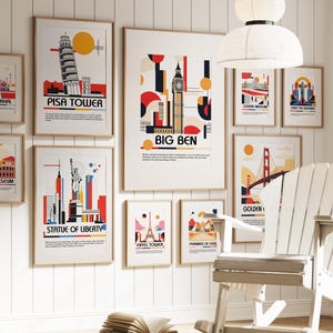Famous Landmark Poster Set - Bauhaus Style Landmark Print- 10 Unique iconic Landmark Posters - Popular Monuments - Travel Decor