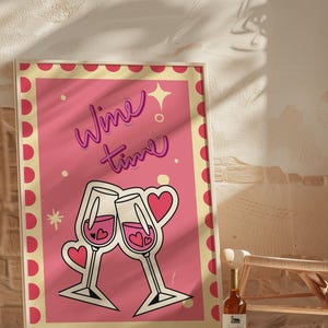 Retro Wine Poster, Wine Time Art Print – Pink Wine Decor, Retro Pop Art Style, Wine Lover Wall Art, Cute Kitchen or Bar Decor