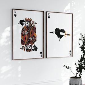 Stampa di carte da gioco King of Hearts - Carta da gioco estetica scura - Poster retrò alla moda - Re di cuori scheletro - Stampa carrello bar retrò