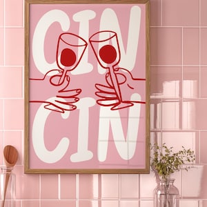 Cin Cin-poster - Pink Cin Cin-print, Cheers-poster, barwagenkunst, retro drankjeposter, roze muurkunst, Cin Cin-print, trendy barwagenposter