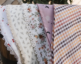 Triangle Hair Scarf / Bandana, hand-made - cotton with lace detailing, charms, etc.