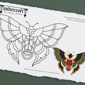 Puede incluir: Ilustración en blanco y negro de línea de una polilla con una boca grande abierta. La polilla tiene un diseño detallado con muchas líneas y curvas. La imagen incluye el texto "Vundercroft Art, Apparel, Oddities" y "INSTAGRAM: @SHOP.UNDERCROFT ETSY: SHOPUNDERCROFT PATTERN NOT FOR RESALE OR REDISTRIBUTION".