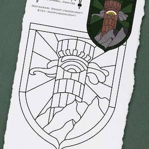 May include: A black and white line art illustration of a tower with an eye in the center, surrounded by clouds and mountains. The image is a stained glass pattern for a craft project. The text "PATTERN NOT FOR RESALE OR REDISTRIBUTION" is at the bottom of the image.