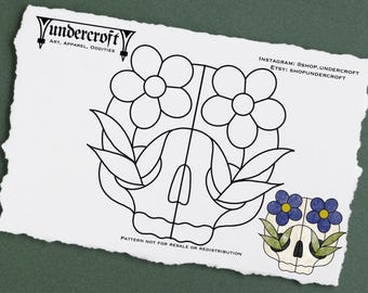 Cute Flower Skull Stained Glass Pattern. PDF FILE. Tattoo Inspired. Digital Download. Halloween Goth Punk Alt Traditional