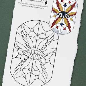 Peut inclure: Illustration en noir et blanc d'un vitrail représentant un œil stylisé avec des ailes. Le texte "PATTERN NOT FOR RESALE OR REDISTRIBUTION" est en bas de l'image.