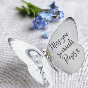 Personalised silk butterfly with your photo, Memorial keepsake gift, Unique wedding charm, Funeral favours.