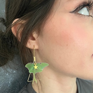 Luna Moth dangle earrings - Brass and silk wings, gift boxed