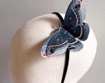 Black Calleta Moth - Handcrafted Silk and crystal statement hair clip, Whimsical Halloween accessory.