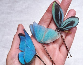 Blue Silk Butterfly Hair Pins: Light and fluttery, set of three.