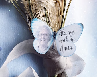 Personalised Memory butterfly keepsake for wedding. Pale blue, Silk and crystal, 6cm