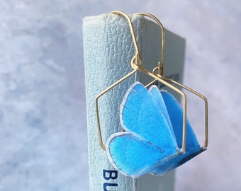 Blue Butterfly Earrings - Silk and brass hexagons