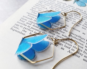 Blue Butterfly Earrings | Silk and brass | Nature inspired gift | Gift under 20