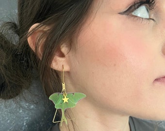 Green Luna Moth Earrings: Silk & Brass, Whimsical Goth Jewellery