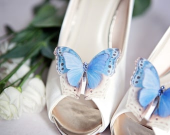 Silk Butterfly Shoe Clips: Crystal Wedding Accessory, Something Blue