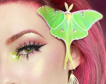 Silk Luna Moth hair clip/brooch with crystals. Gothic present, gift for nature lover