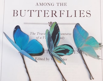 Turquoise blue silk butterfly hair pins, pretty hair accessories